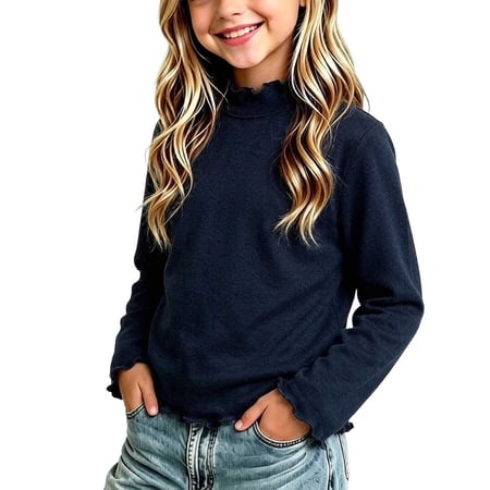 vdgthytj Little Girls Clothes Long Sleeve Tops Turtleneck Ruffle Solid Fall Winter Casual Base Layer Pullover Tops(3-4Years Black)