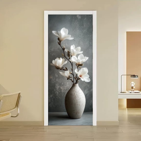2 Pcs Self-Adhesive Door Stickers 31.5"x78.7" Magnolia Flower Vase Pattern Door Murals Stickers PVC Doors Removable Wallpaper Decoration