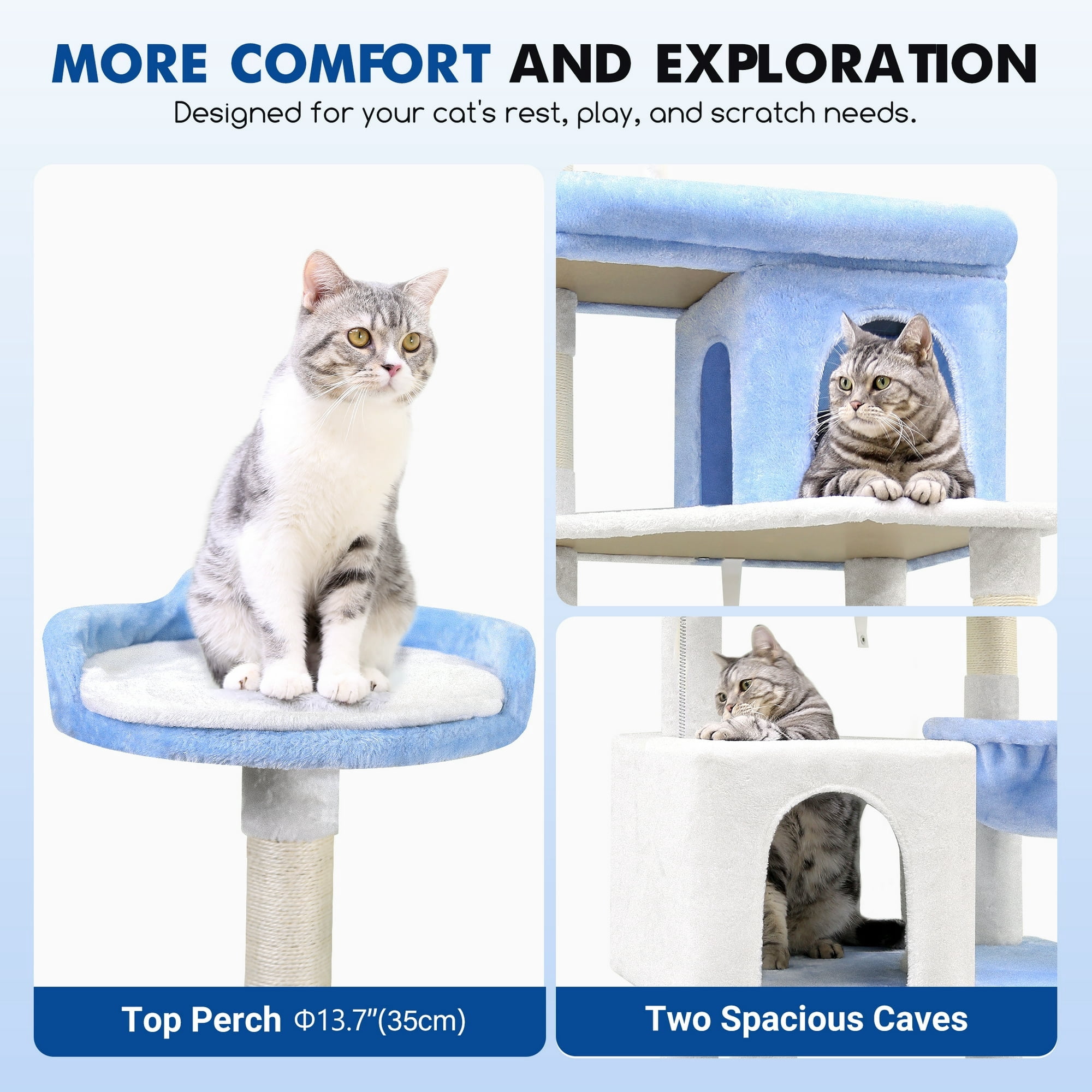 CT72S Heavy-Duty Ocean Blue Cat Tree | 72" Maine Coon Tower for Large Cats 20 lbs+ | Durable Playground with 6 Scratching Posts & Hammock