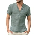 thumbnail image 1 of KIHOUT Chemises d'Été pour Hommes, Chemise à Manches Courtes Homme Mode Décontractée d'Été T-Shirt en Lin Rétro Col Montant Vert 3TG, 1 of 2
