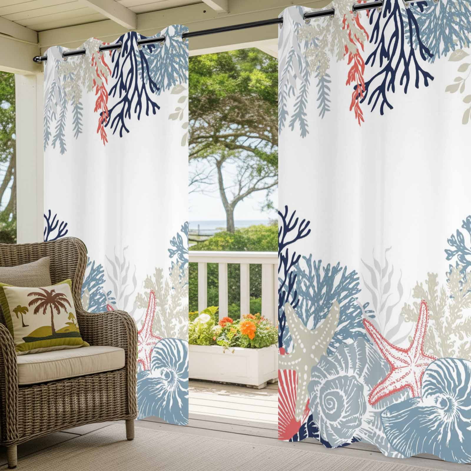 Summer Marine Life Outdoor Curtains for Patio, Ocean Corals Coastal Starfish Blue Conch Sunshade Privacy Drapes Grommet Waterproof Outside Curtains for Porch/Cabana/Balcony 54"x 108", 1 Panel