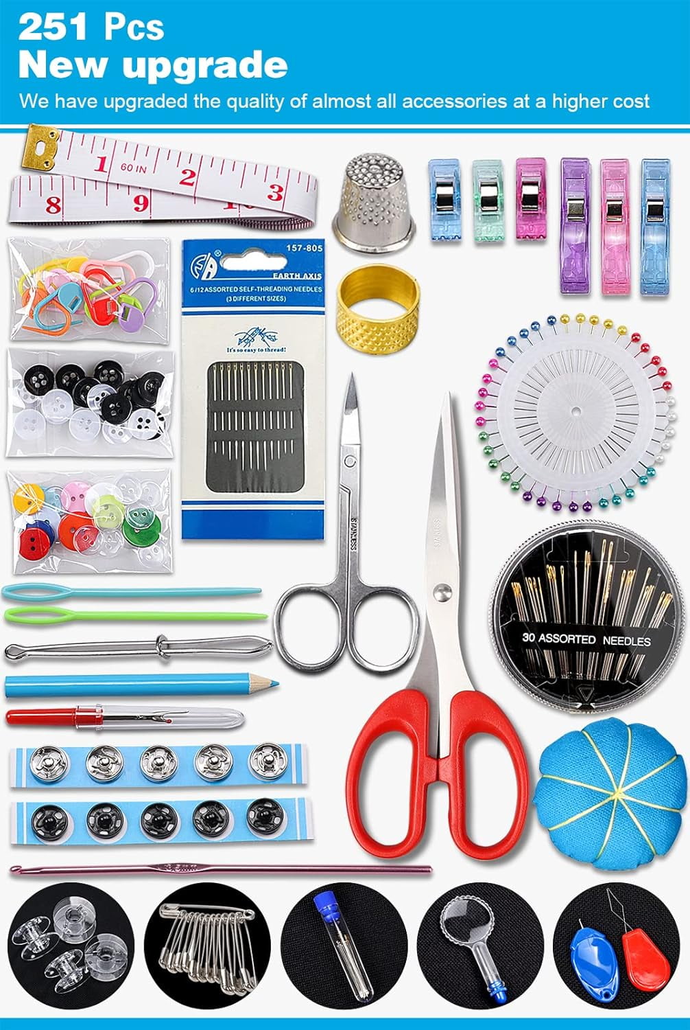 Sherry 251-Piece Deluxe Sewing Kit for Adults - Complete Needle & Thread Set with Travel Case, Machine Bobbins, Buttons & Tools