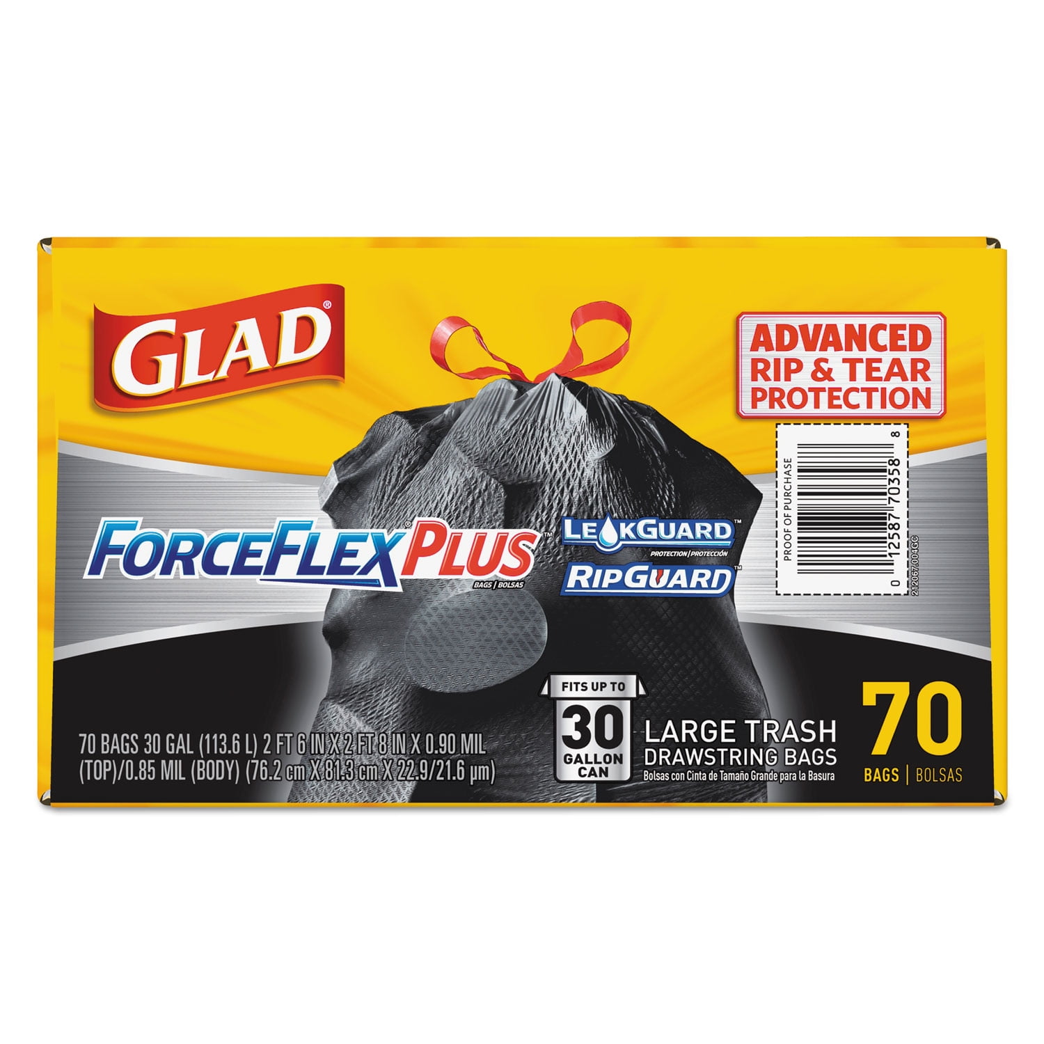 Glad 70358 30 in. x 32 in. 30 gal. 1.05 mil ForceFlexPlus Drawstring Large Trash Bags - Black (70/Carton)