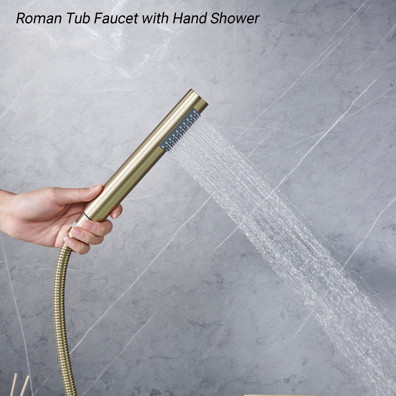 Roman Bathtub Faucet with Handheld Shower Sprayer Deck Mount 3-Hole Tub Filler Faucet Set, Brushed Gold Waterfall Roman Tub Faucet with Valve Included
