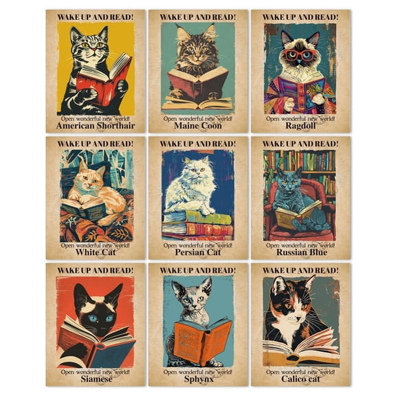 Cat Reading Wall Art Prints Set of 9 Vintage Book Theme Poster Wall Decor Home Artworks for Gallery Living Dining