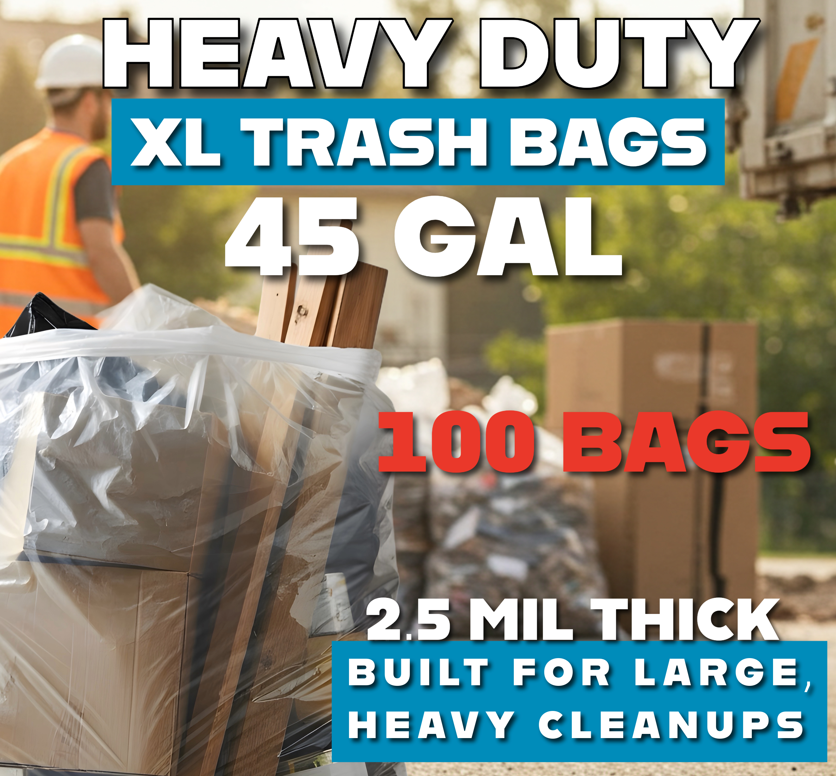 Large Clear Heavy Duty Recycle Trash Bags, 45 Gallon, 100 Count
