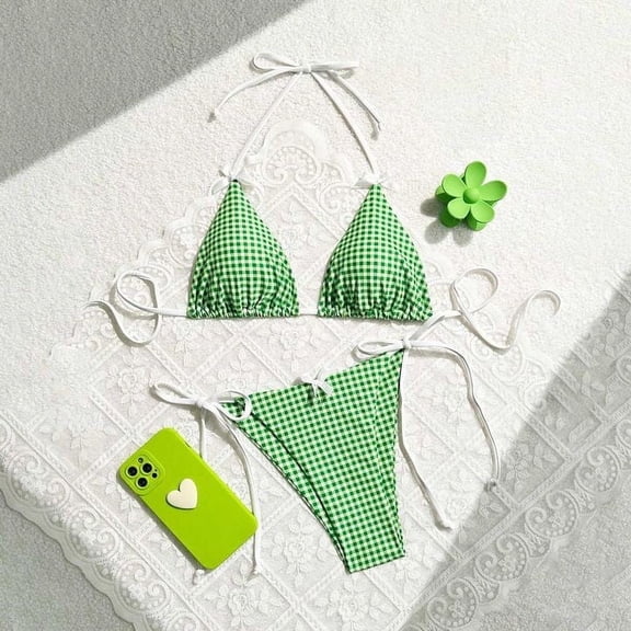 Women's 2 Piece Gingham Bikini Bikini Set Triangle Bow Front Beachwear High Waisted Bathing Suit Swimsuit Leopard Swimsuits for Women with Sleeves Swim Skirt with Shorts for Girls Women Two Piece