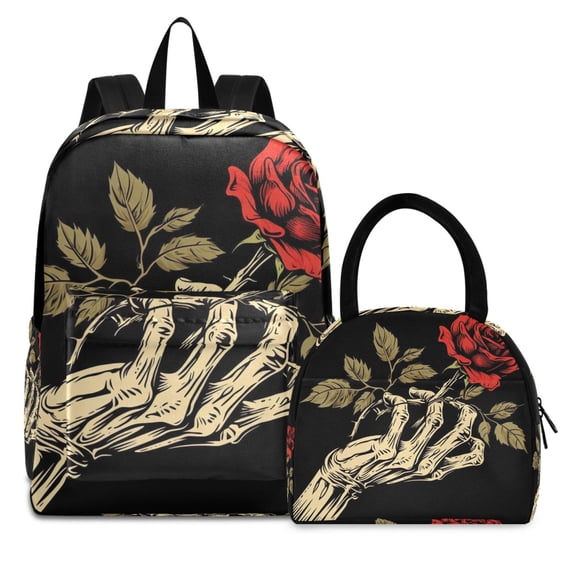 ALAZA Backpack Set Rose on Skull Hand Elementary School Bags Student BookBag with Lunch Bag