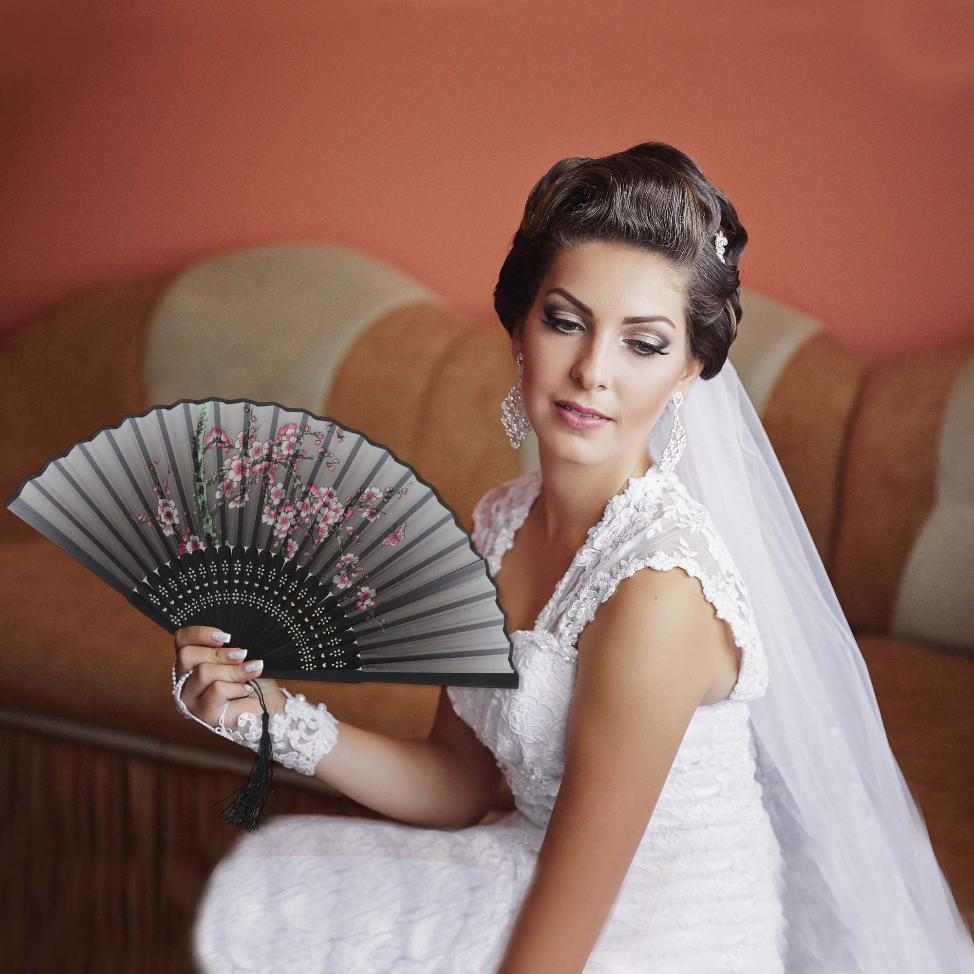 Unique Bargains Folding Fan 1Pc for Party Gray Joyful Magpie on Plum Blossom Branch Design