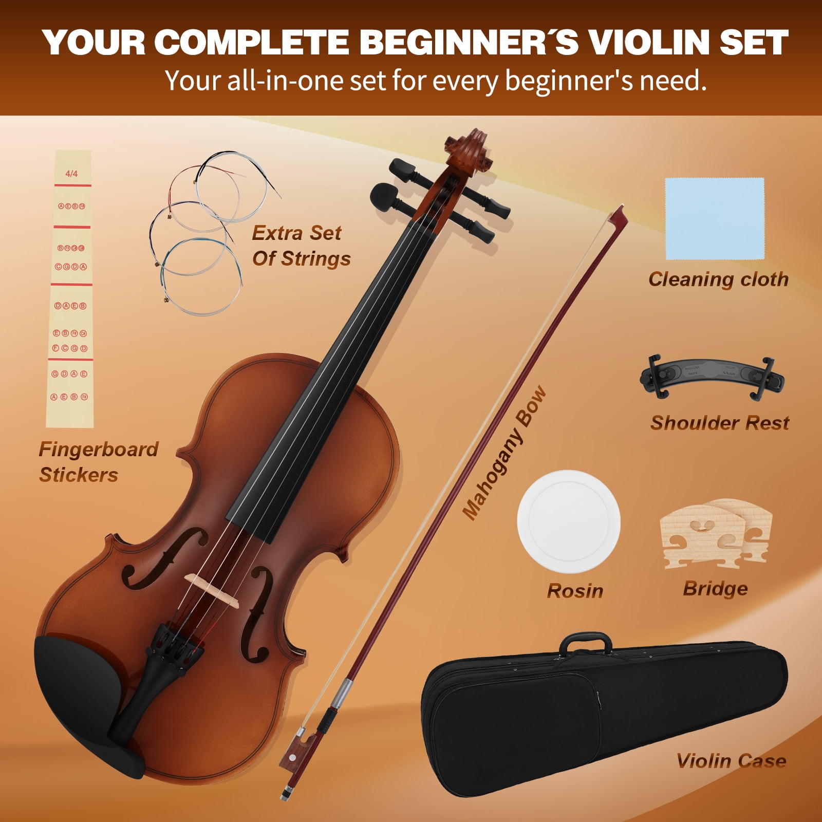 MUSTAR 4/4 Full Classic Violin Set with Bow, Rosins, Hard Case, Mute, Fingerboard Stickers, Shoulder Rest, Beginner Kit (Brown)