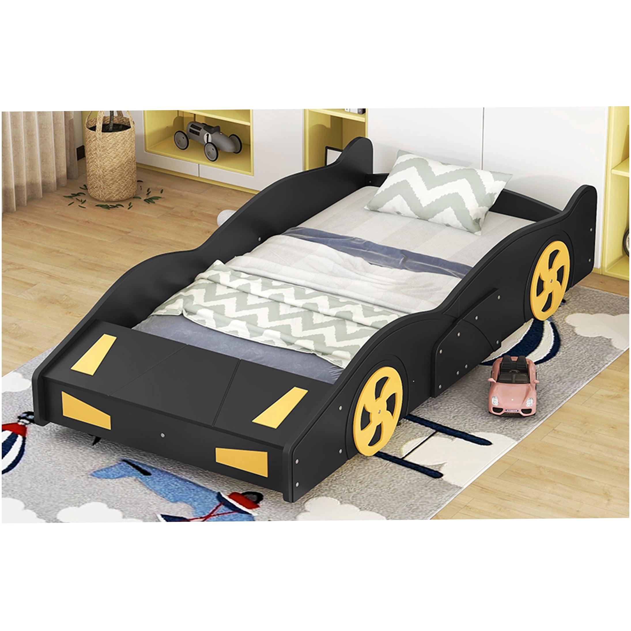 Twin Size Race Car Bed Frame with Storage & Wheels, Black & Yellow Modern Platform Bed