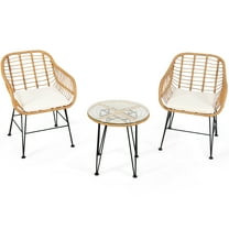 Patiojoy 3 Pieces Patio Furniture Set w/Tempered Glass Coffee Table Set for Garden and Backyard White Cushions