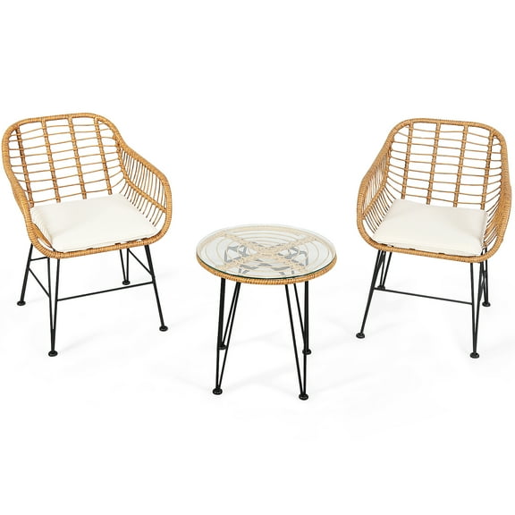 Patiojoy 3 Pieces Patio Furniture Set w/Tempered Glass Coffee Table Set for Garden and Backyard White Cushions