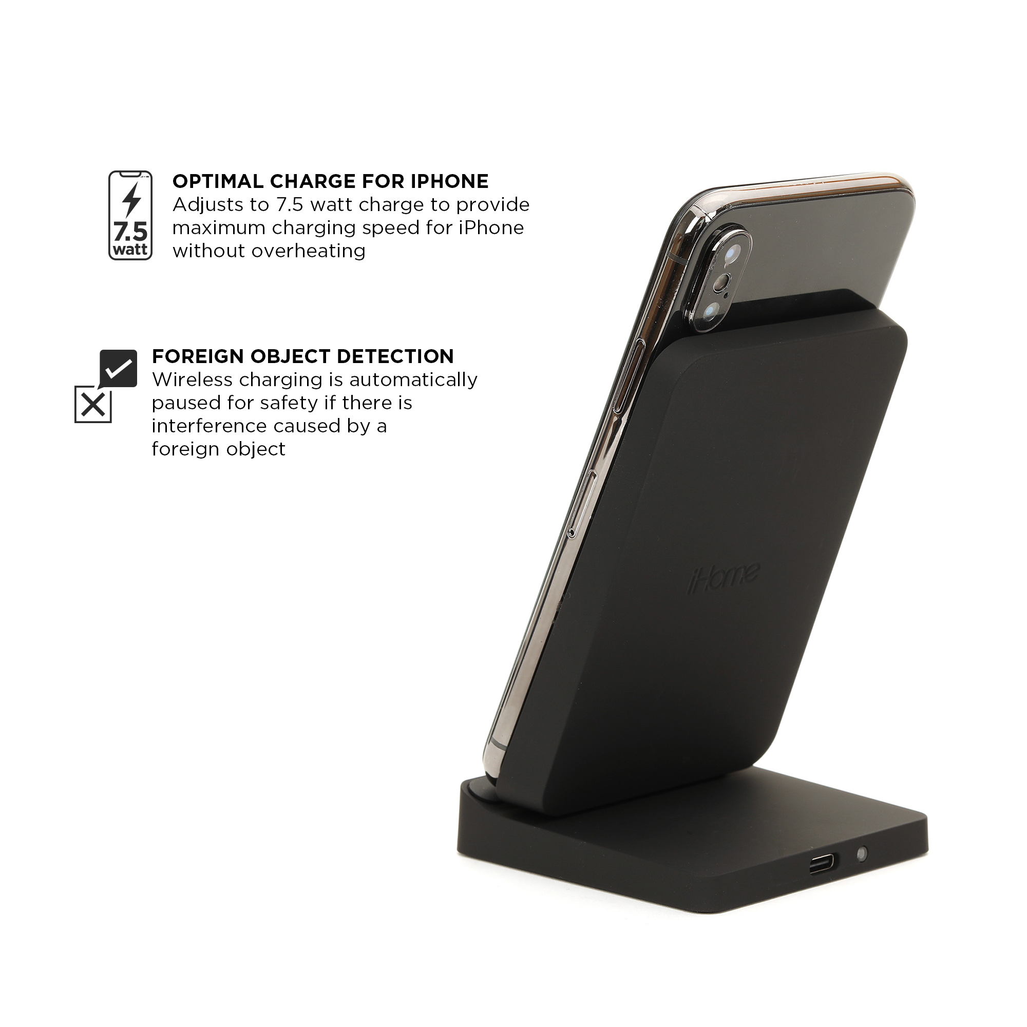 iHome Wireless Charging Stand: Qi Certified Fast Charge Station: 7.5W for iPhone 11, 11 Pro, 11 Pro Max, XR, Xs Max, XS, X, 8, 8 Plus, or 10W Galaxy S10 S9, Note 10 Note 9 - image 3 of 3