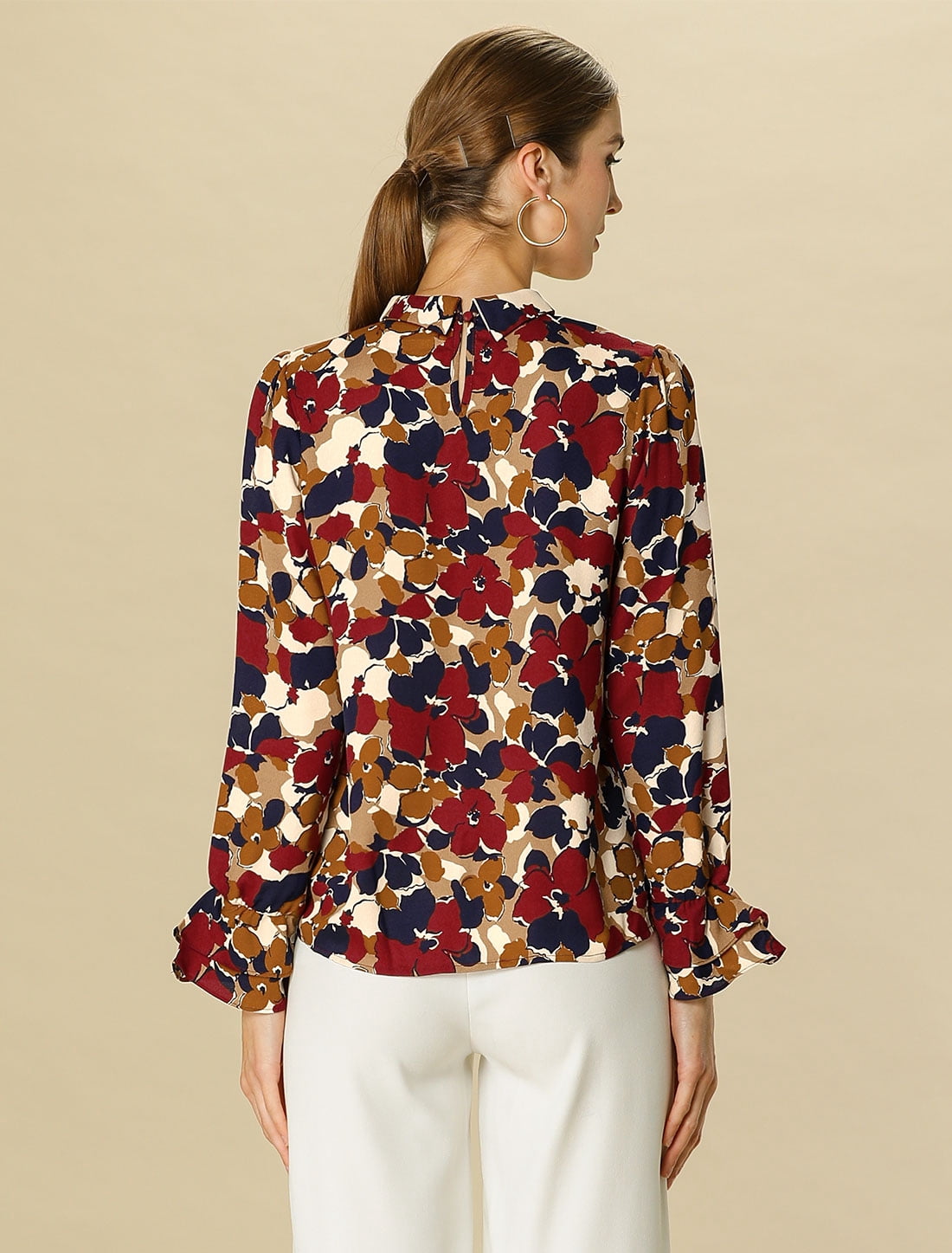 DARING DIVA Women's Tie V Neck Floral Shirt Trumpet Blouse S Red
