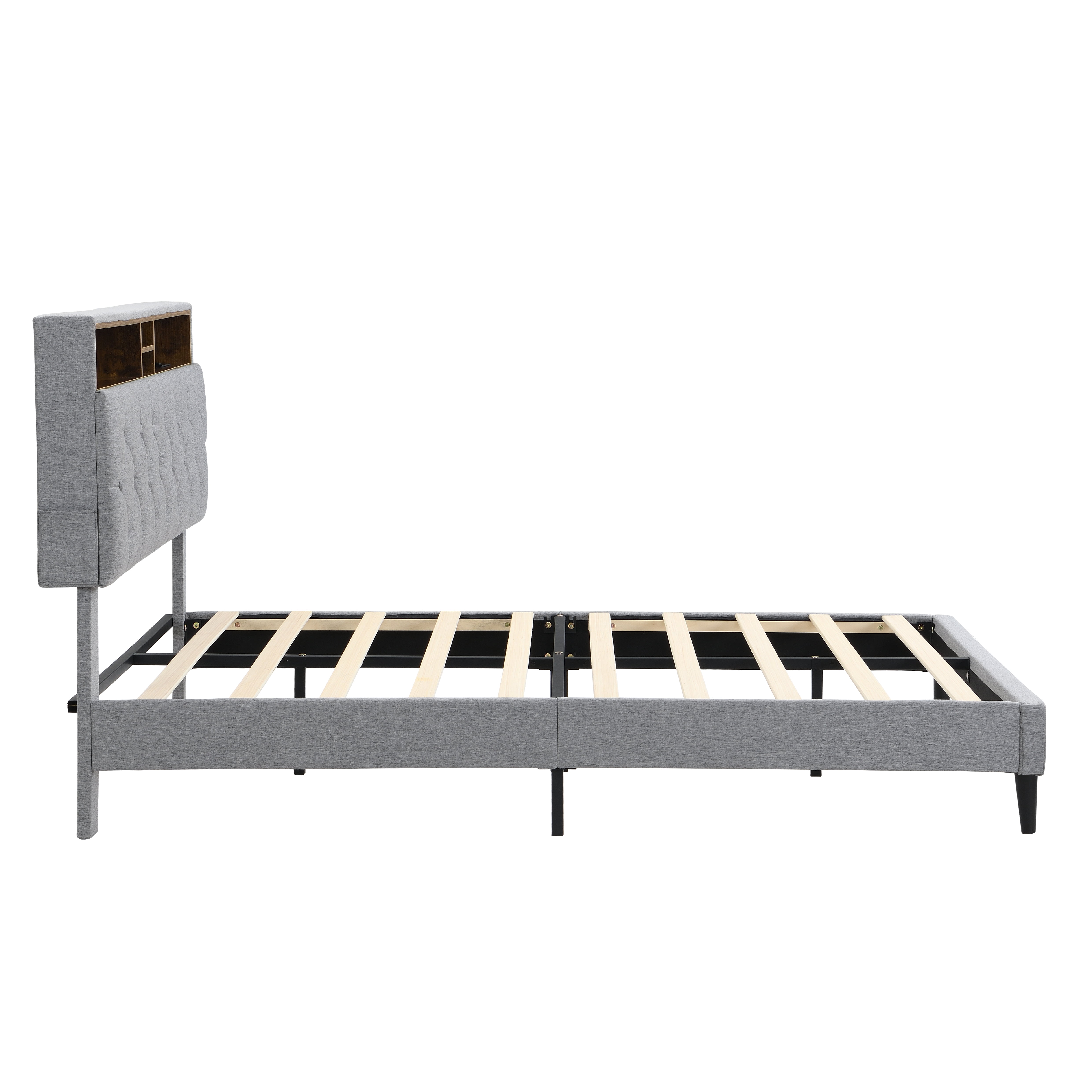 Lisonu Modern Queen-Size Upholstered Platform Bed Frame with Button-Tufted Linen Fabric Headboard and USB Ports in Light Grey
