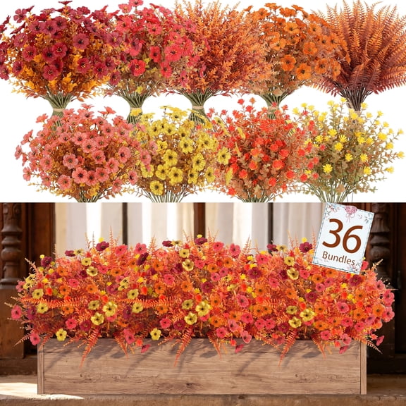 Scidweet Artificial Fall Flowers Outdoors, 36 Bundles Autumn Fake Faux Silk flowers Plants Fall Decorations for Home Outside Garden Balcony Yard Front Porch Decor, Multicolor