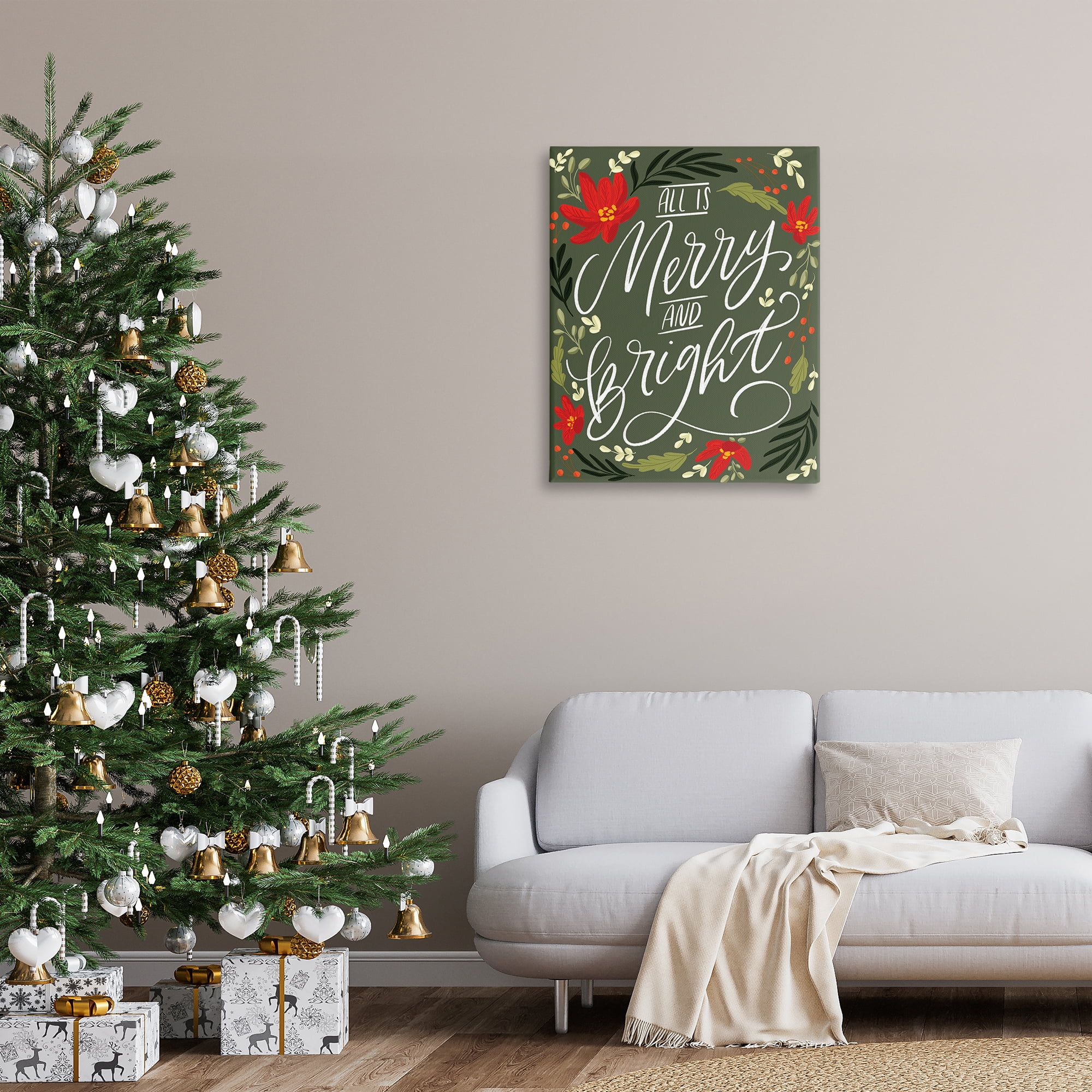 Stupell Industries Floral Merry and Bright Holiday Painting Gallery Wrapped Canvas Art Prints Wall Art, 30 x 40