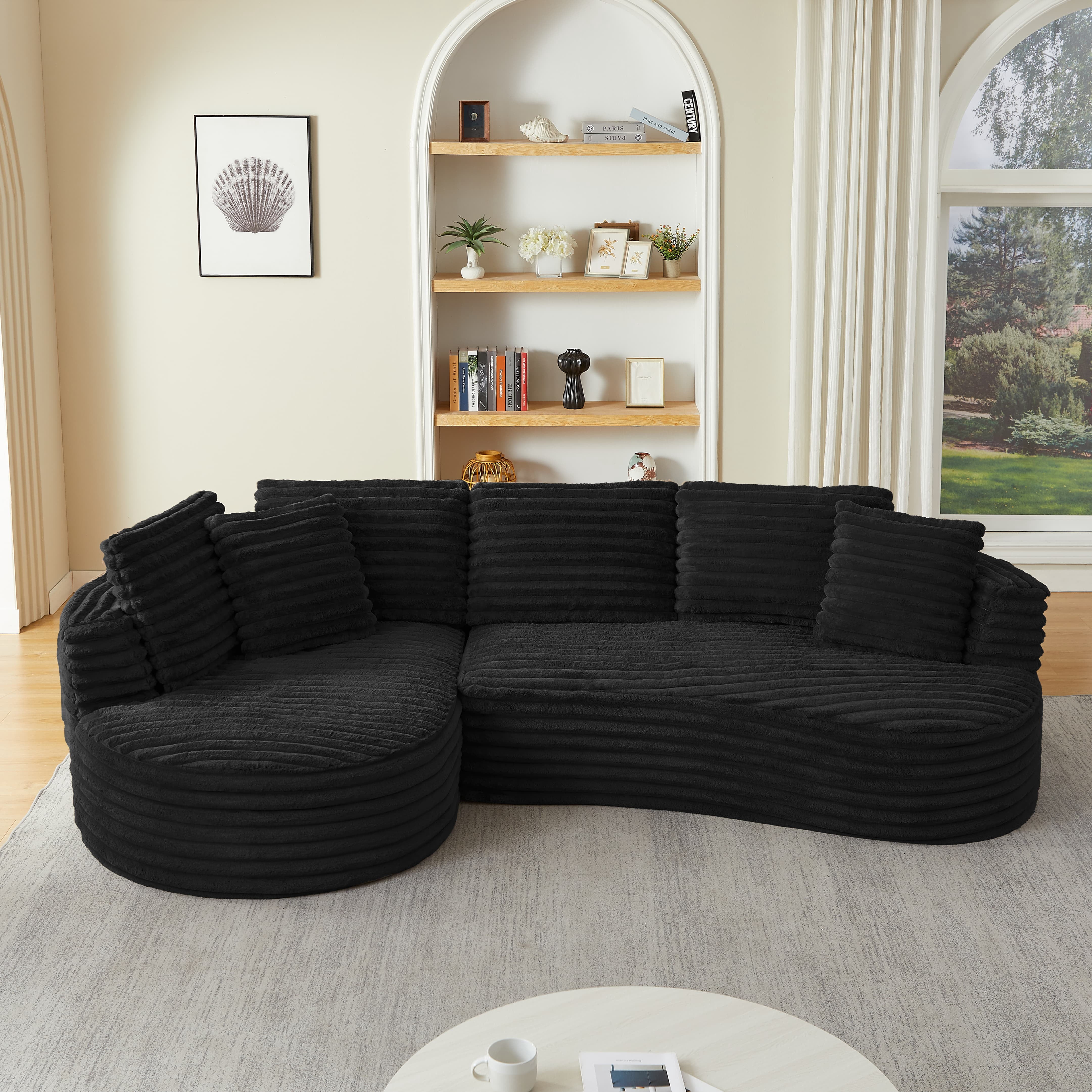 MAYEERTY 120.9" Black Corduroy Curved L Modular Sectional Sofa, Pocket Spring No Assembly Couch for Living Room Reception