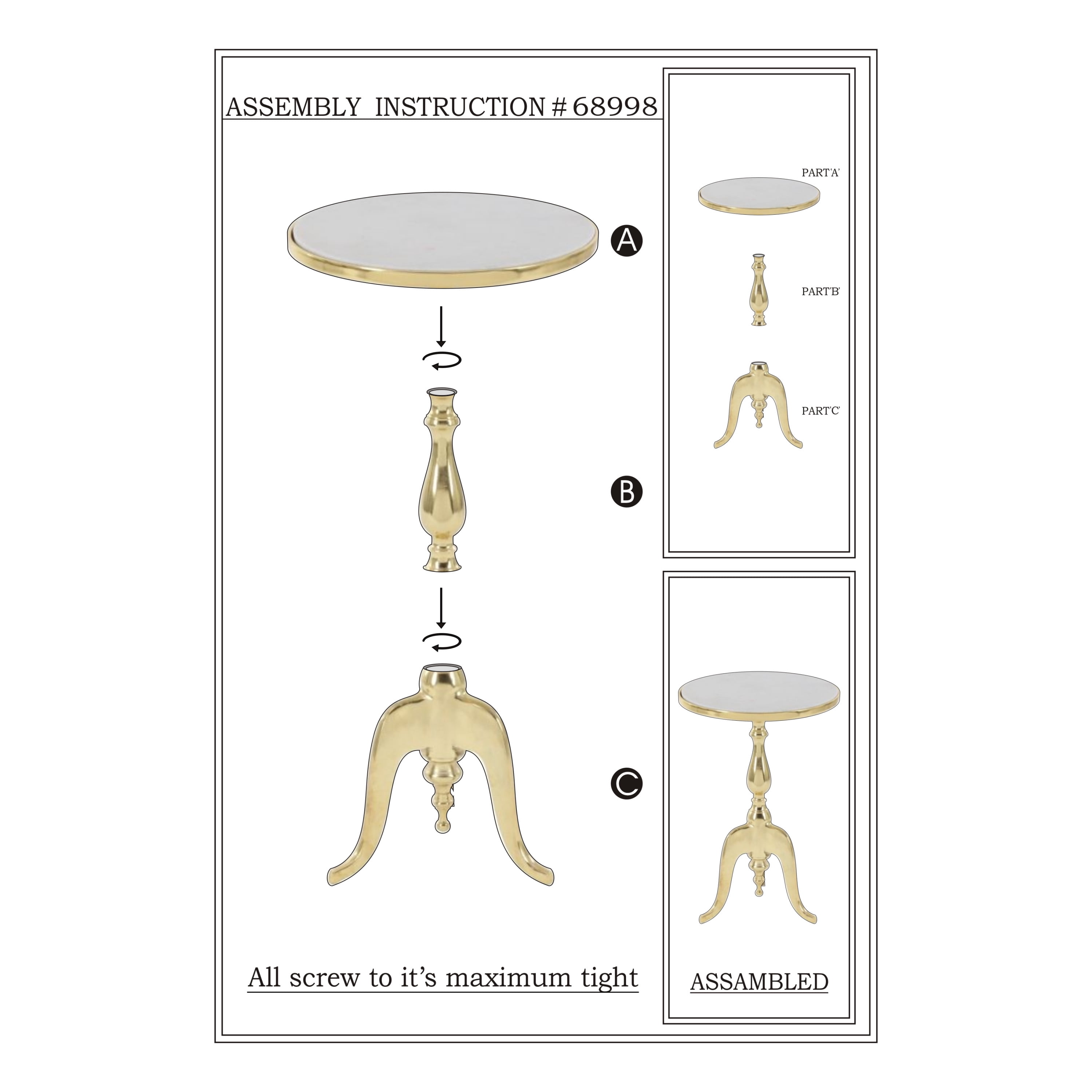 DecMode Elegant Gold Traditional Accent Table with Marble Top and Curved Leg Stand, 15"W x 22"H