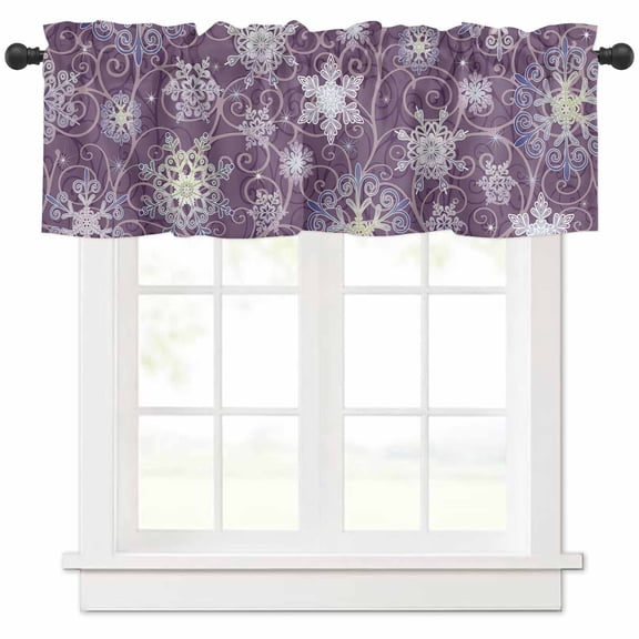 Christmas Ice Flower Valances for Windows, Winter Lace Purple Snowflake Light Filtering Window Treatment Valances, Rod Pocket Small Curtains for Kitchen/Bathroom, 42"x12"