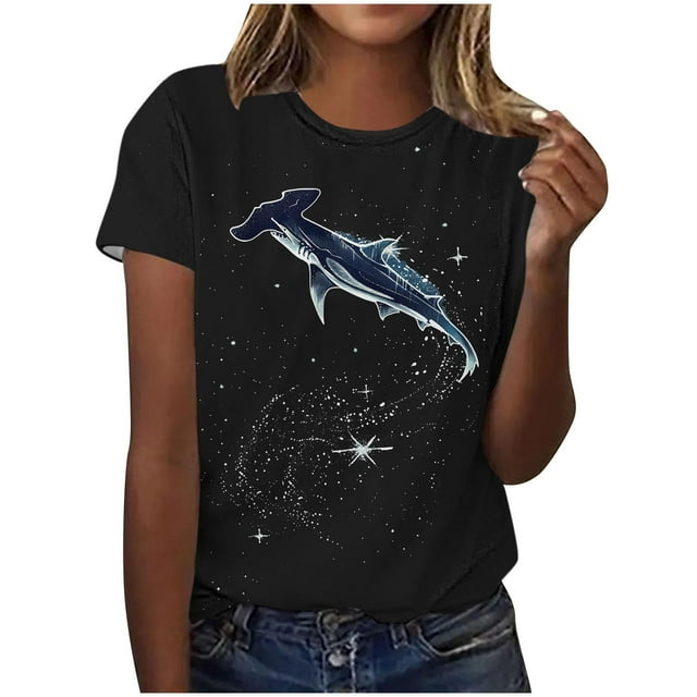 Tops de Ajuste Suelto para las Mujeres Sudadera Casual Impresa Manga Corta Cuello Redondo Superior, Poliéster