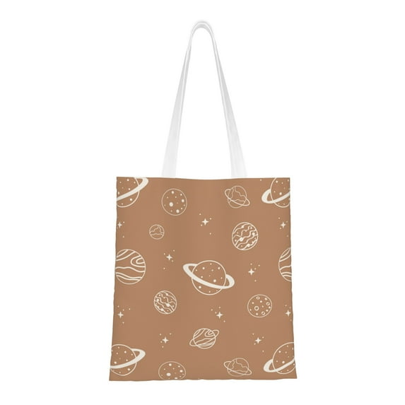 DouZhe Reusable Grocery Bags, Brown Cartoon Space Planet Lightweight Polyester Canvas Cloth Tote Bag for Travle Gym Shopping School, 15" x 16"
