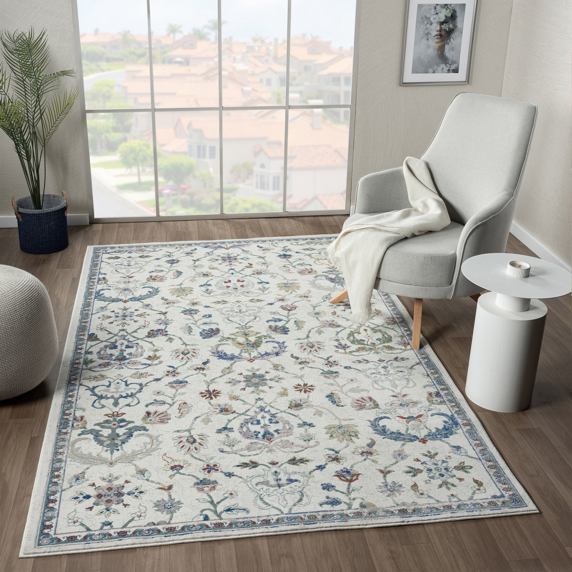 LR Home Ada 7'9" x 9'9" Ivory Distressed Floral Indoor Area Rug