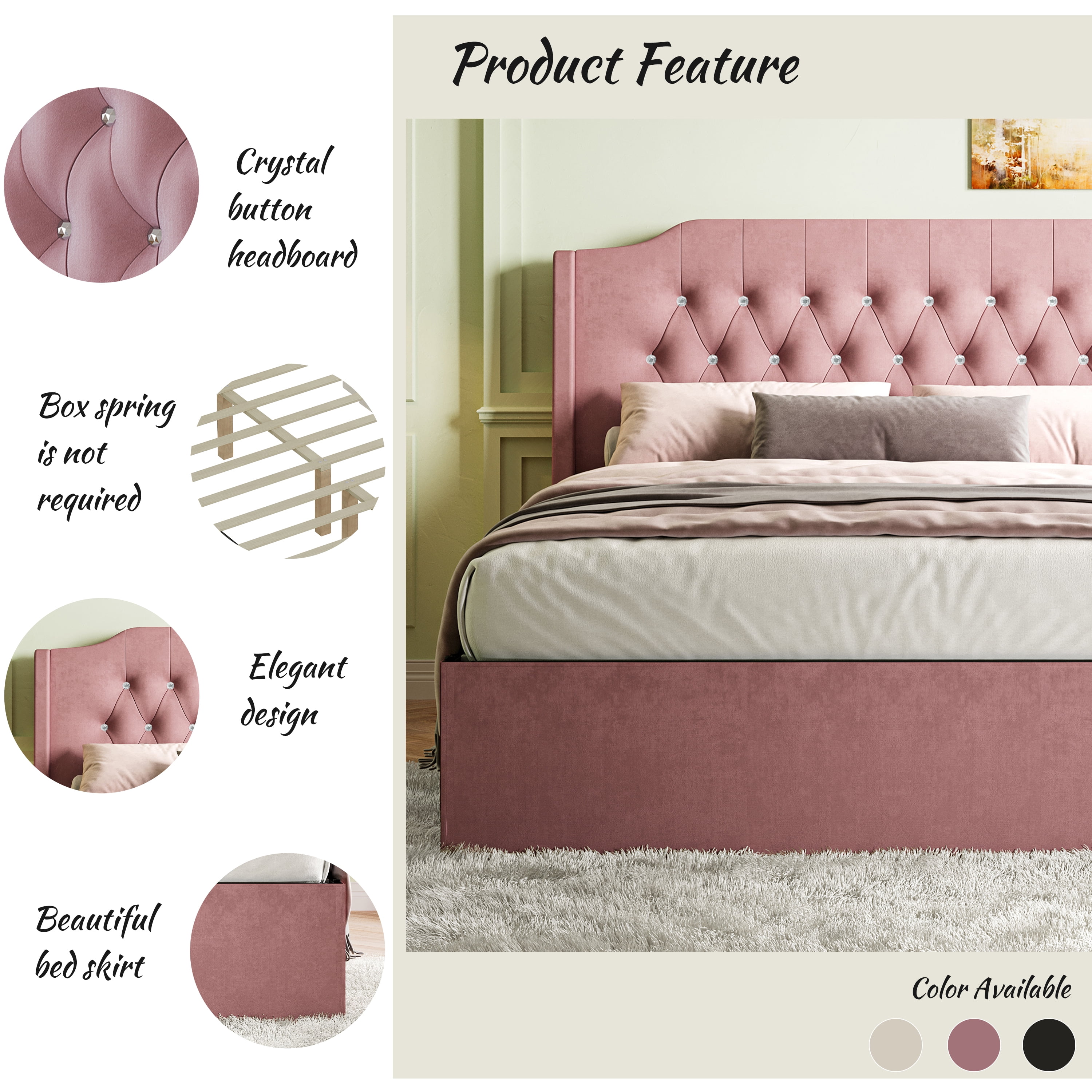 Gewnee Queen Size Velvet Modern Bed Frame with Deep Button Anna Diamond Upholstered Platform Tufted Headboard,