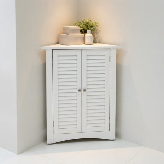 Topcobe Adjustable Corner Storage Cabinet with Shutter Doors, Bathroom Furniture, Toilet Storage Organizer, White