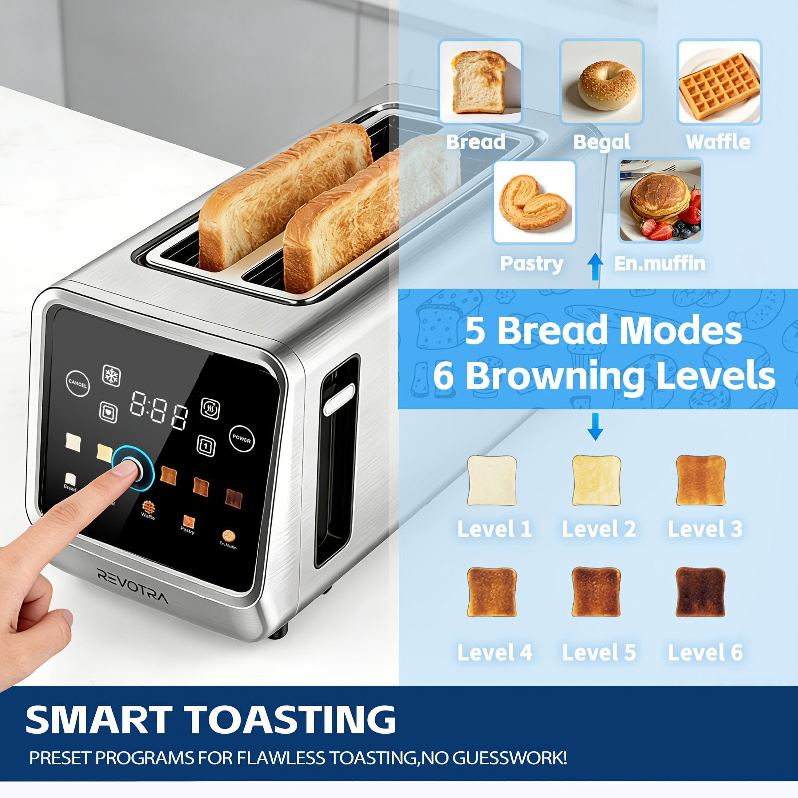 4-Slice Long Slot Toaster with LED Touchscreen, Extra-Wide Slots, Stainless Steel