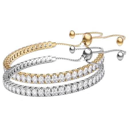 18K Yellow and White Gold 6 Ct Created White Sapphire Round Plated Adjustable Bracelet by Paris Jewelry