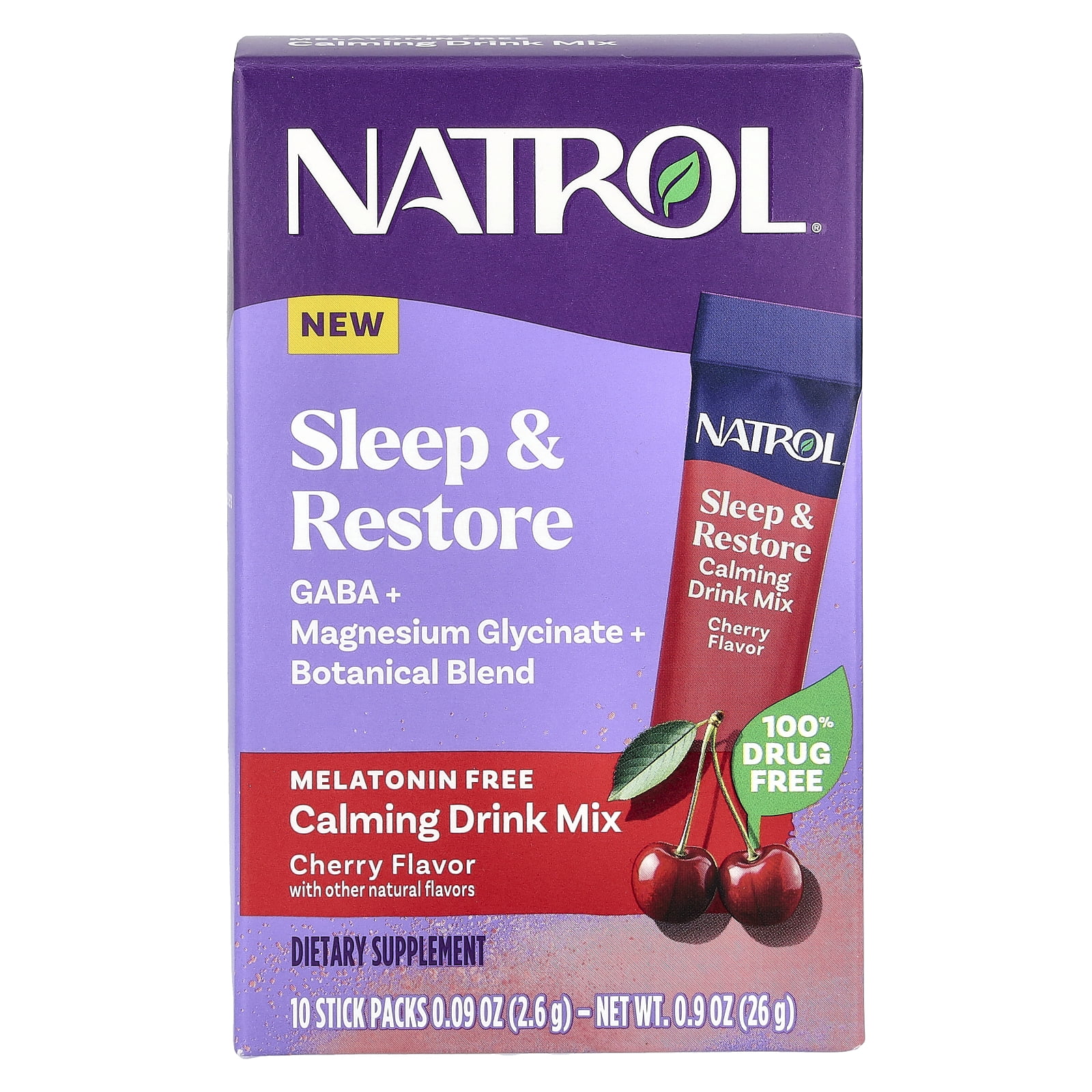 Natrol Sleep & Restore Calming Drink Mix, GABA, Magnesium Glycinate, Botanical Blend, Melatonin-Free, Essential For Your Ultimate Restorative Sleep, Cherry Flavored, 10 Stick Packs