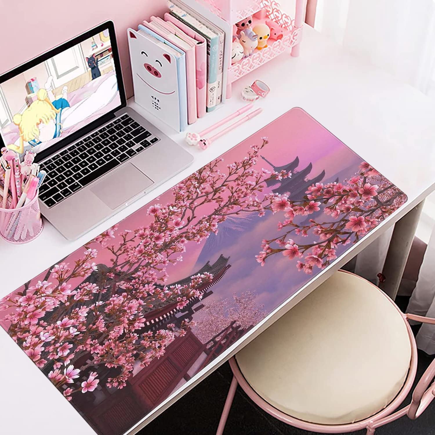 Gaming Mouse Pad, Desk Pad with Non-Slip Base Extended Large Mouse Pad XXL Keyboard Mouse Pad Desk Mat On Top of Desks for Work, Game, Office, Home - Pink Japanese Cherry Blossom (35.4x15.7 in)