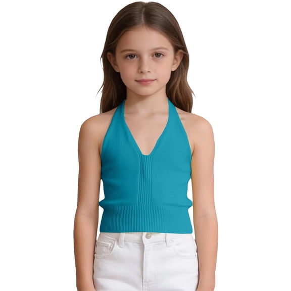 Mnyotv Kids Girls Tank Tops Summer Clothes Halter Crop Sleeveless Vest Top Solid Color V Neck Tees Size 6-7 Years