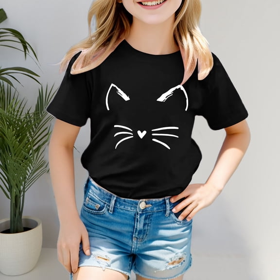 Girls T-Shirts Short Sleeve Crewneck Cartoon Cat Graphic Tees Casual Summer T Shirts for Girls Size 3-4Y