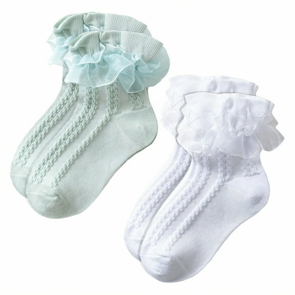 TELOLY 2Pairs Kids Socks,7-9 Years Old Ruffle Socks,Lightweight Fabric Lace Socks,Combination1