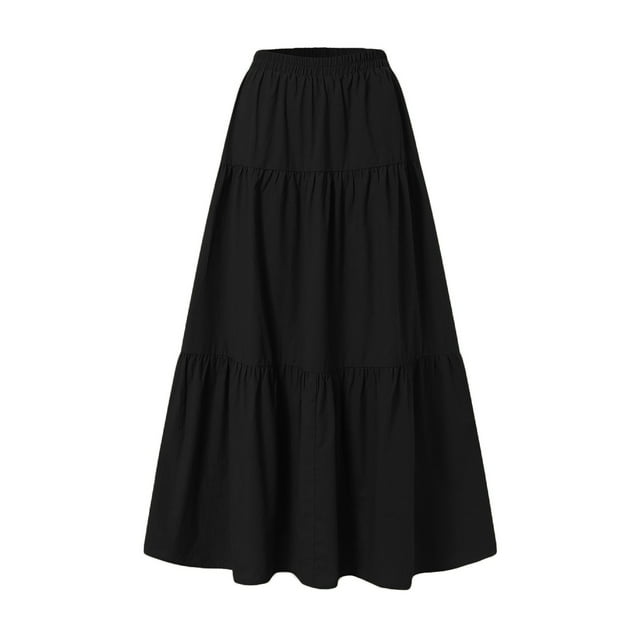 Gupgi Women Plus Size Long Skirts Solid Color Pleated Elastic Waist Loose Skirts S-5XL