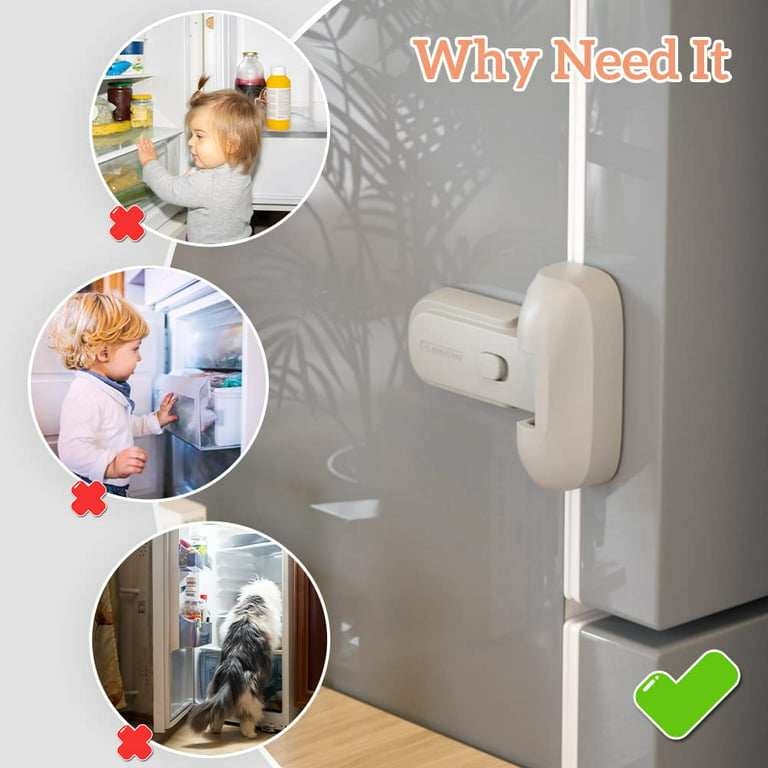 HEOATH 2 Pack Upgrade Child Proof Refrigerator Fridge Freezer Door Lock,  Can be Installed on Slopes and Max 1 (25mm) Sealing Strip for Toddlers and  Kids, no Tools Need or Drill (White)