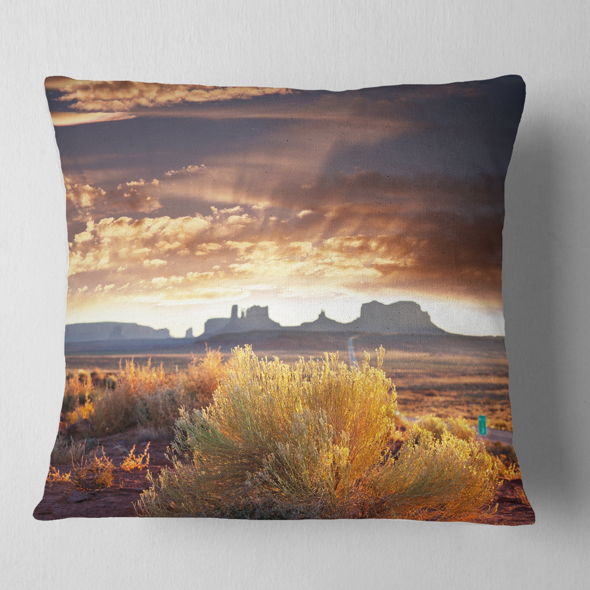 Designart Monument Valley under Cloudy Sky - African Landscape Printed Throw Pillow - 18x18
