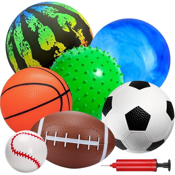 7 Pcs Playground Balls Set for Toddlers & Kids, 8.6" Playground & Watermelon Balls, 6" Basketball Soccer Football Baseball Knobby Ball, Indoors & Outdoor Toys (Hand Pump Included)
