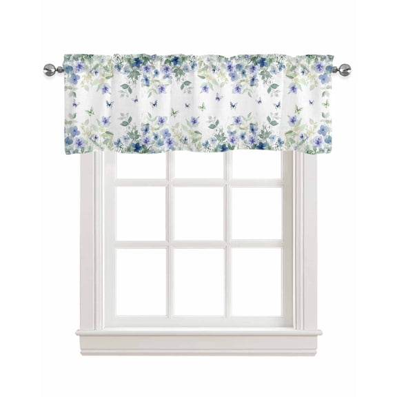 Leaf Butterfly Kitchen Valances for Windows Farmhouse Linen Window Valance Curtain for Living Room Window Treatment Watercolor Sage Green Purple Floral Valance Rod Pocket Topper Drape, 42 x 12 Inch