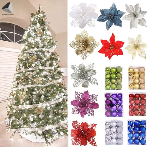 PULLIMORE Christmas Artificial Poinsettia Flower Set Mini Hanging Ball Decor Kit Christmas Tree Ornament Home Party Decor