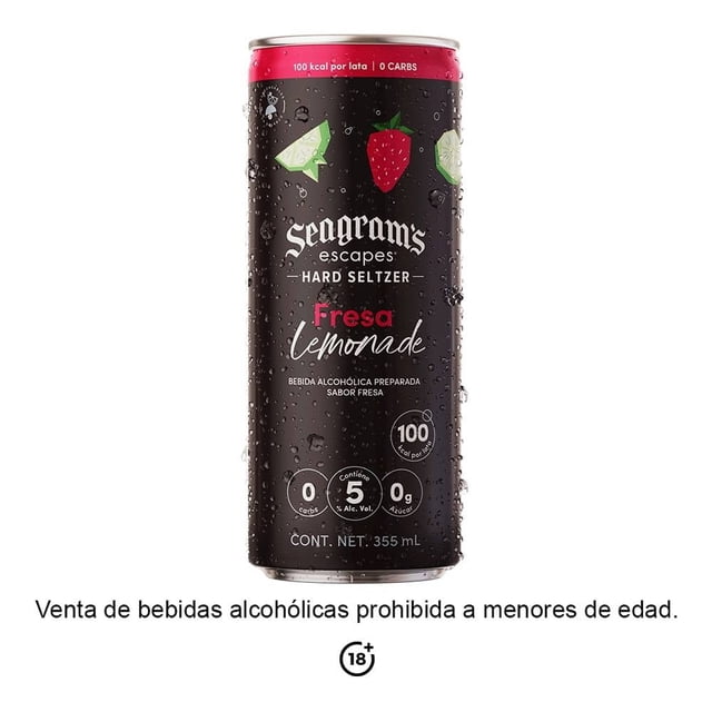 bebida alcohólica preparada seagram's escapes fresa lemonade 355 ml, lata frontal centrada; lata negra con borde rosa, ilustraciones de fresa y limón y gotas de condensación, texto visible: 100 kcal, 0 carbs, 5% alc. vol., lista para beber, cont. net. 355 ml; suele servirse fría como refresco en cocteles ligeros.