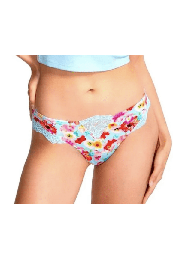 Satin Silky VERY SEXY Lace Trim Bikini Cheeky Panty Blue Floral Poppy XS