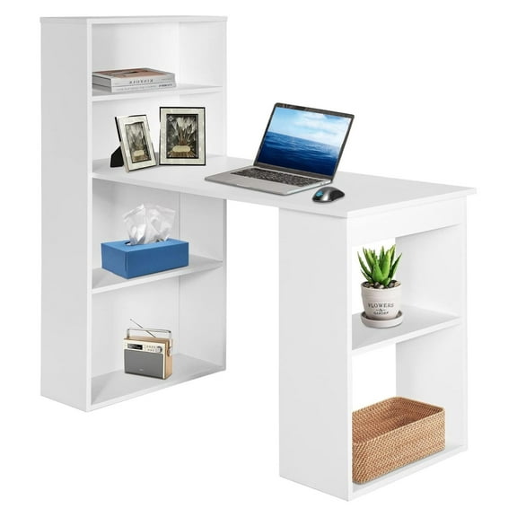 Computer Desk with Bookcase, ” Modern Writing Table Desk with Storage Shelves and CPU Stand, Reversible Study Workstation for Home Office Bedroom (White)