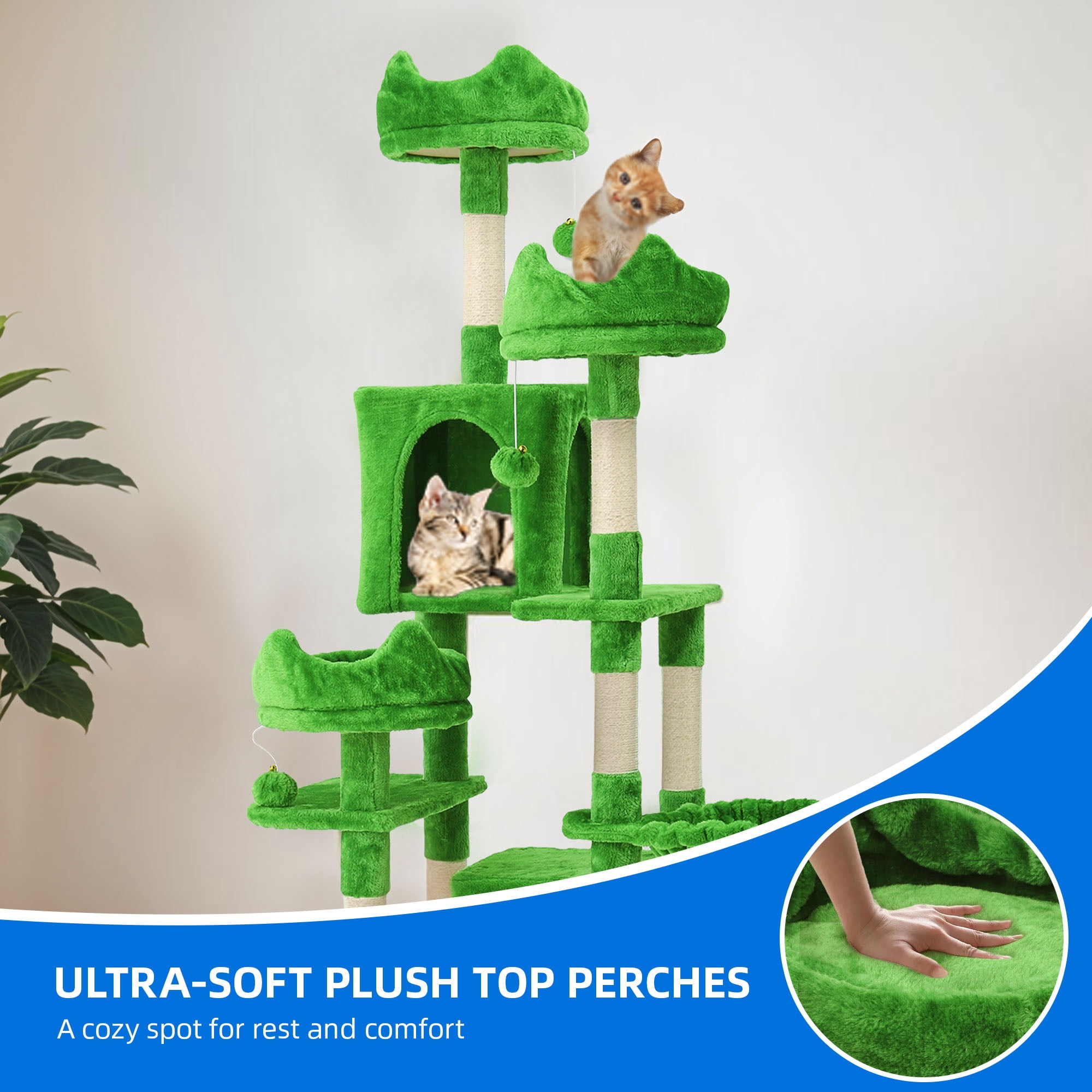 Dextrus 75" Tall Cat Tree for Large Cats, Multi-Level Play Tower Condo with Sisal Ramp Scratching Post & Hammocks, Green