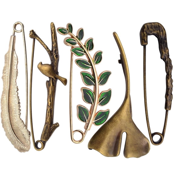 5pcs 5 Styles Extra Large Safety Pins Vintage Alloy Brooches Safety Pins Heavy Duty Quality Lapel Pins for Scarf Blankets Skirts Kilts Knitted Fabric Crafts