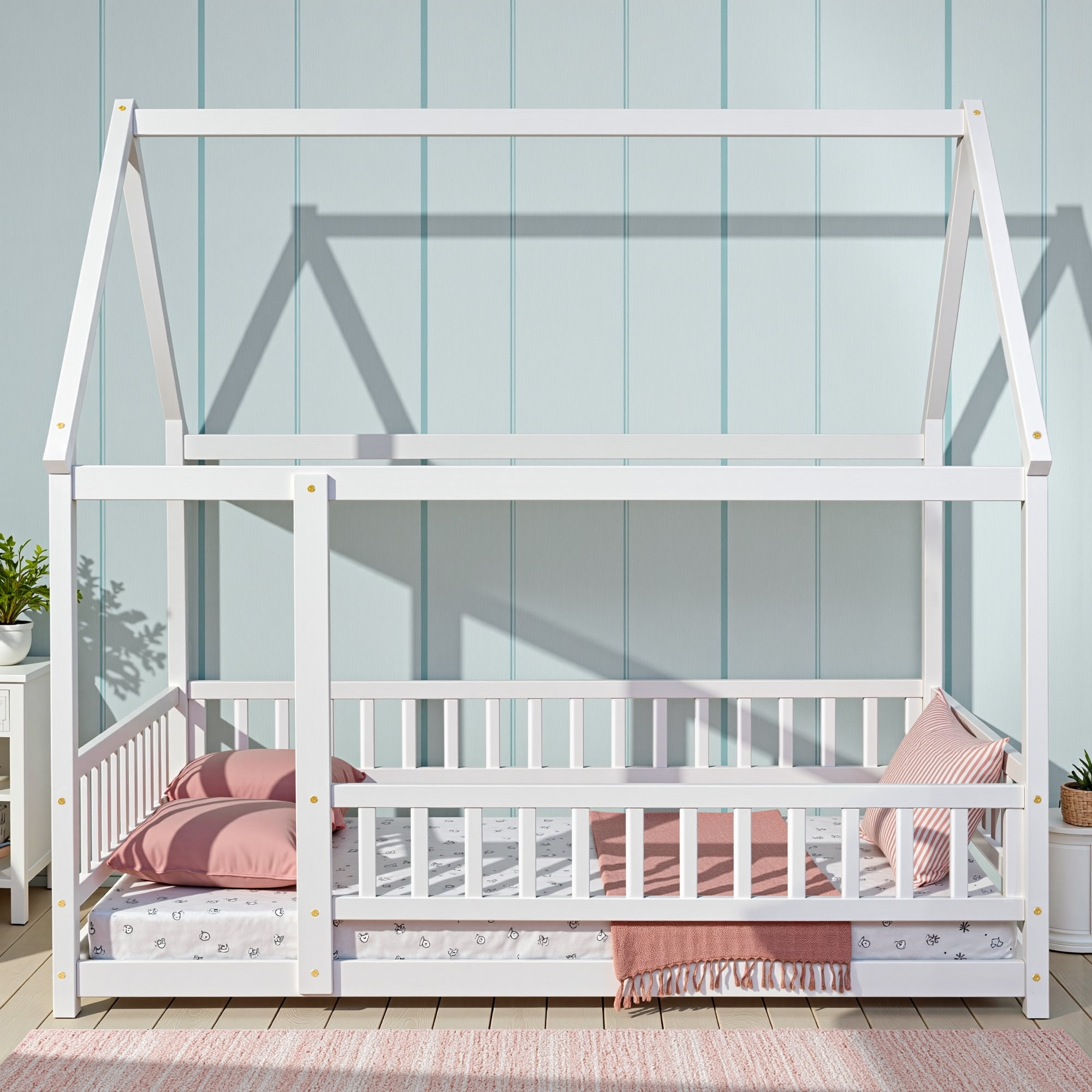 Full Size Floor Bed with Fence Guardrails for Kids, Montessori Bed Playhouse Bed with Roof, No Slats Included (White)