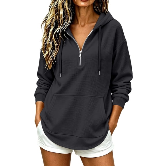 Kadlawus Women Plus Size Long Sleeve Zip Hooded Pullover Sweatshirt Fall Winter Casual Basic Tops Soft Cozy Relaxed Fit for Daily Work Vacation Wear, Black 2XL